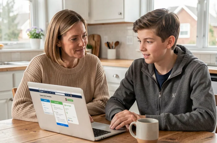Parent et adolescent qui comparent ensemble des forfaits mobiles pour ados sur un ordinateur portable à la cuisine