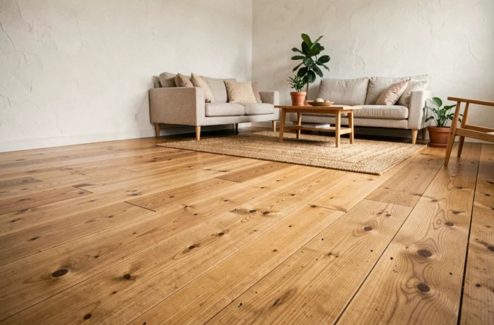 Salon minimaliste avec parquet en chêne naturel, tapis en jute et plantes vertes pour un intérieur sain et naturel