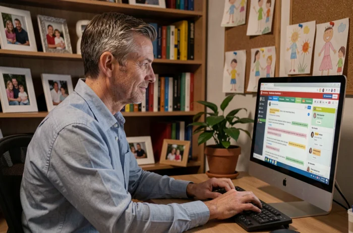 Père de famille nombreuse participant activement à un forum d'entraide en ligne depuis son bureau à domicile