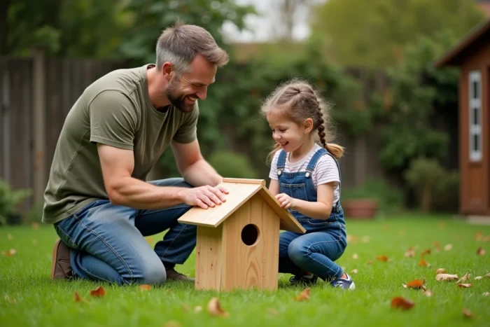 Père et fille construisant ensemble un nichoir en bois dans le jardin, illustrant des activités créatives en famille pour s'épanouir au quotidien