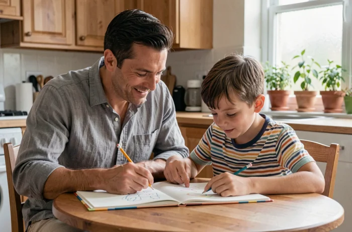 Père et fils partageant un moment créatif autour d'un carnet de dessin dans une cuisine familiale