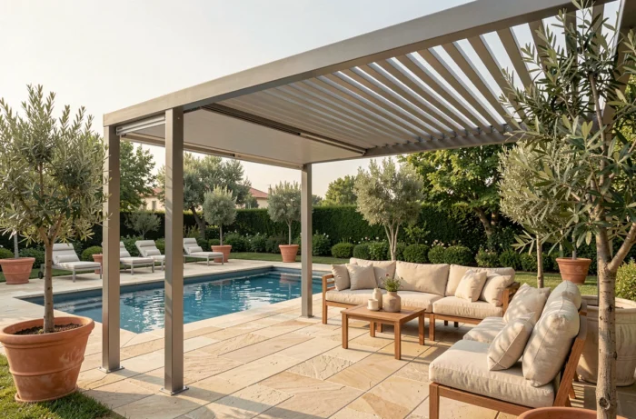 Pergola bioclimatique à lames orientables en aluminium adossée à la terrasse de piscine avec mobilier d'extérieur