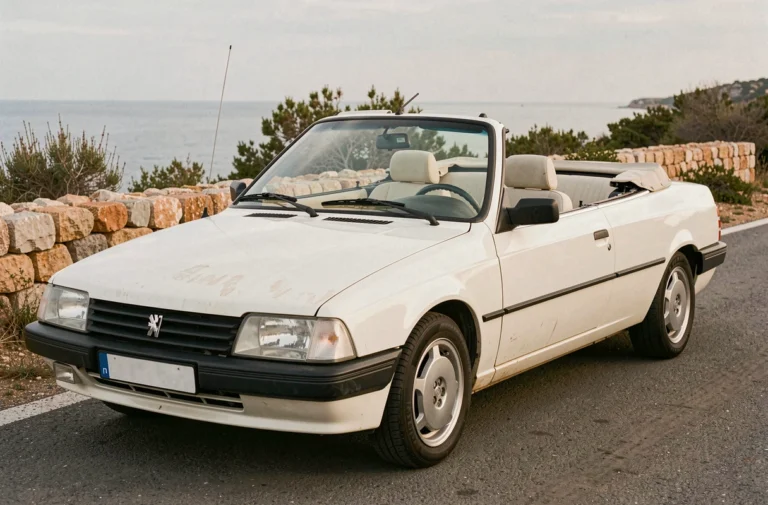 Peugeot 305 cabriolet blanc nacré vintage garé sur une route côtière méditerranéenne, capote baissée, vue trois-quarts avant