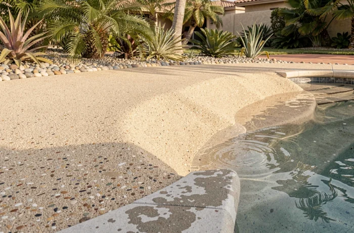 Plage immergée en béton désactivé antidérapant en entrée progressive de piscine avec texture granuleuse apparente