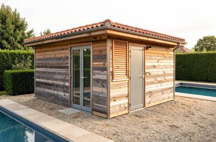 Pool house compact en bois de cèdre avec local technique intégré et panneaux de ventilation, adjacent à une piscine résidentielle