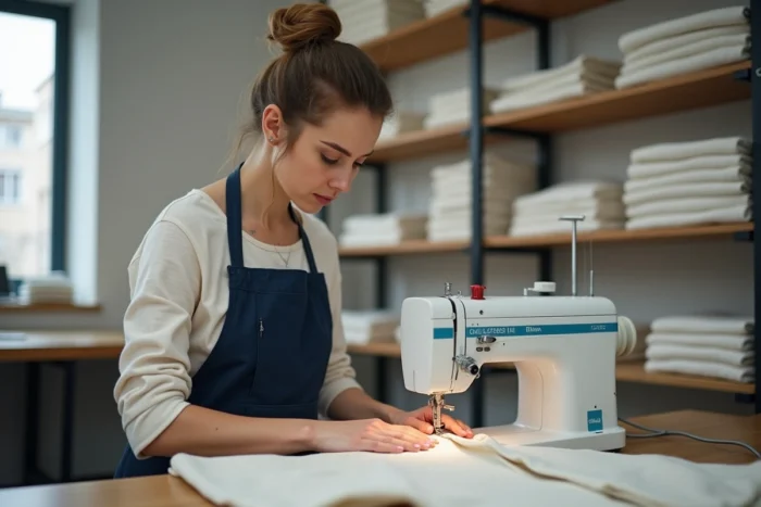 Couturière portugaise finissant les coutures d'une veste en lin structurée dans un atelier de confection artisanal à Braga