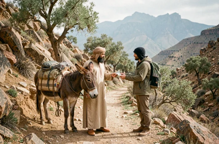 Guide touristique marocain en djellaba recevant un pourboire d'un randonneur dans les montagnes de l'Atlas