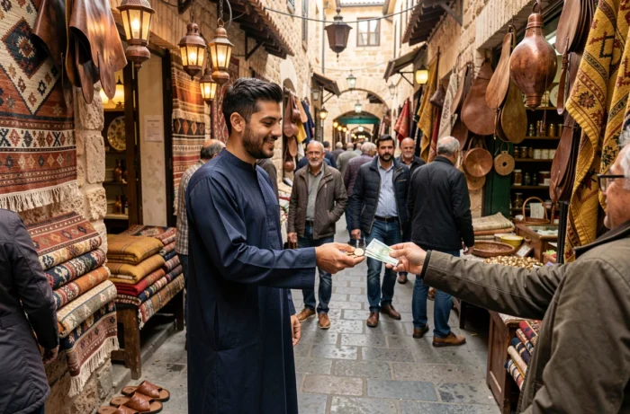 Guide touristique marocain recevant un pourboire en dirhams dans les souks animés de Fès el-Bali