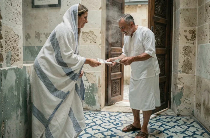 Employé de hammam marocain recevant un pourboire d'une cliente près de l'entrée d'un bain traditionnel