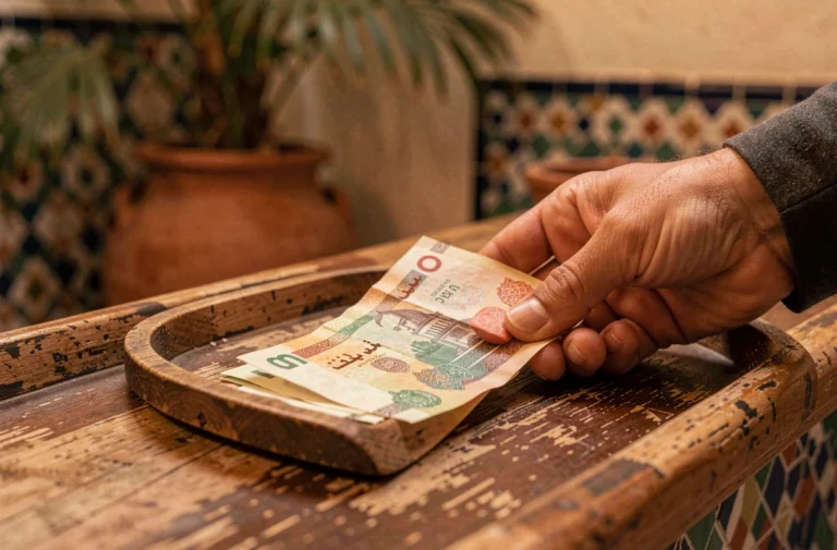 Main de voyageur déposant des dirhams marocains sur un plateau en bois dans un riad, illustration du pourboire au Maroc