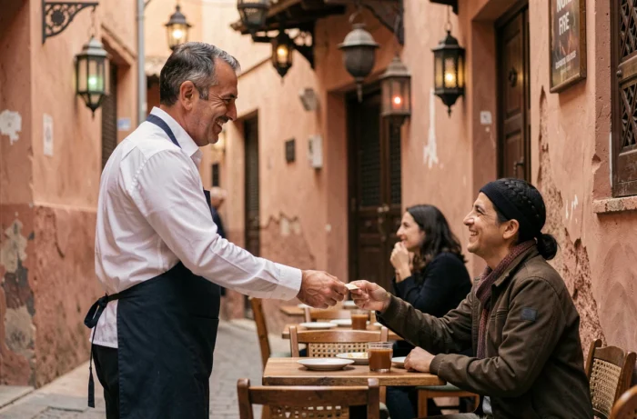Serveur marocain recevant un pourboire d'un touriste dans un café de la médina de Marrakech