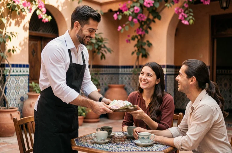 Serveur marocain remettant un plateau avec des dirhams à des touristes dans un café-terrasse de Marrakech