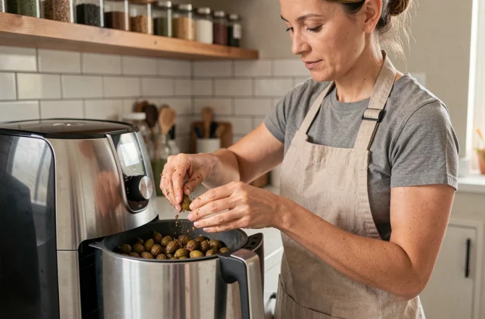 Femme préparant des joels assaisonnés avant de les placer dans le panier d'un air fryer moderne dans une cuisine familiale