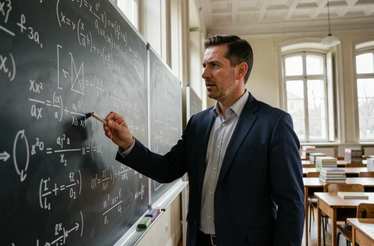 Professeur de classe préparatoire devant un tableau couvert de formules mathématiques dans une salle de cours traditionnelle