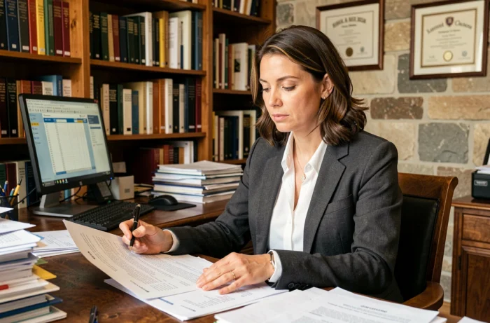 Professeure en classe préparatoire analysant des documents de carrière et de salaire dans son bureau académique