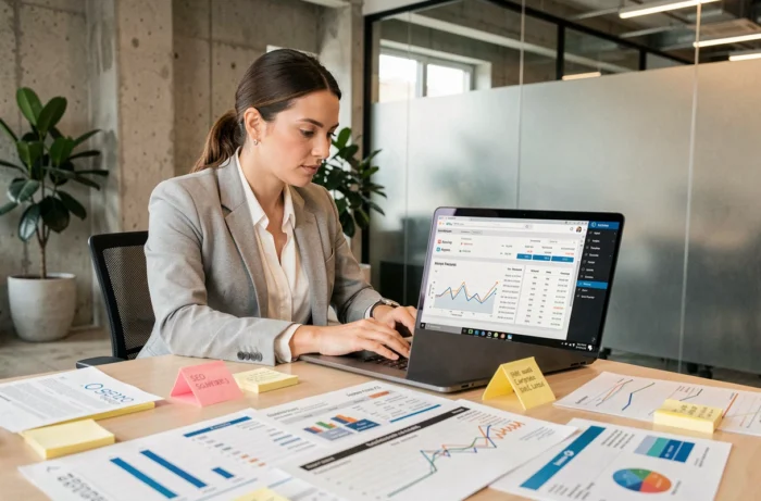 Professionnelle analysant des données de référencement SEO sur un ordinateur portable dans un bureau moderne en 2024