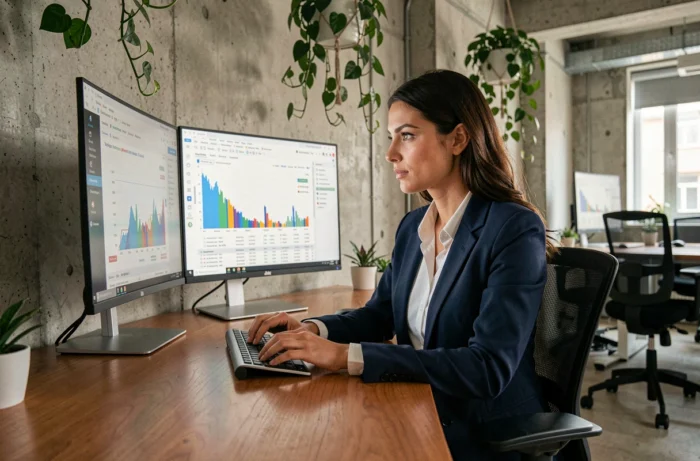 Une professionnelle du SEO analyse les positions Google sur ses écrans dans un bureau moderne français avec l'outil Monitorank