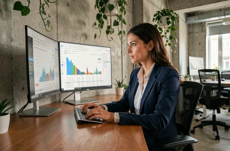 Une professionnelle du SEO analyse les positions Google sur ses écrans dans un bureau moderne français avec l'outil Monitorank