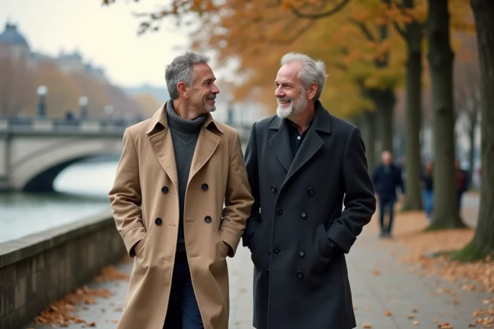 Deux hommes en promenade romantique sur les quais de Seine à Paris en automne, couple sous les projecteurs médiatiques