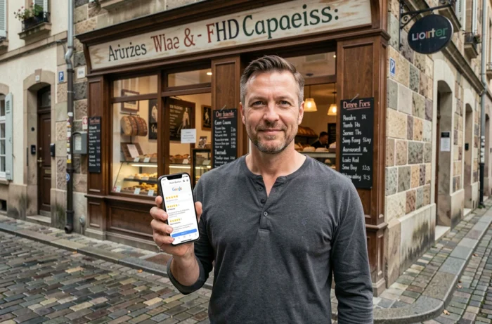 Propriétaire de boulangerie artisanale consultant son profil Google Business sur smartphone devant sa boutique