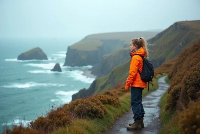 Adolescente en veste de randonnée contemplant le panorama sauvage de la presqu'île de Crozon depuis le sentier côtier GR34 avec les falaises et les aiguilles de Pen-Hir en arrière-plan