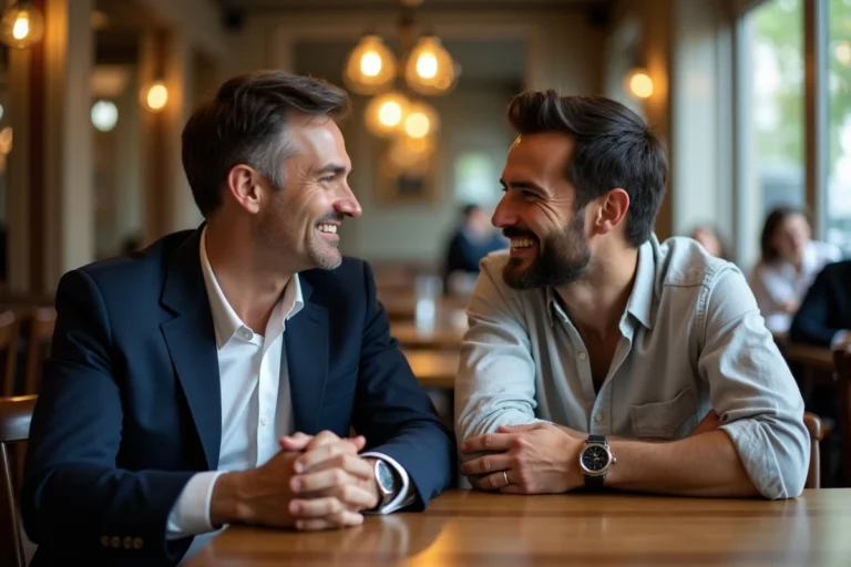 Deux hommes souriants partageant un moment complice dans une brasserie parisienne, illustrant une relation amoureuse épanouie