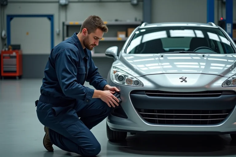 Mécanicien en train de déposer le pare-chocs avant d'une Peugeot 308 phase 2 dans un garage professionnel pour accéder aux feux diurnes