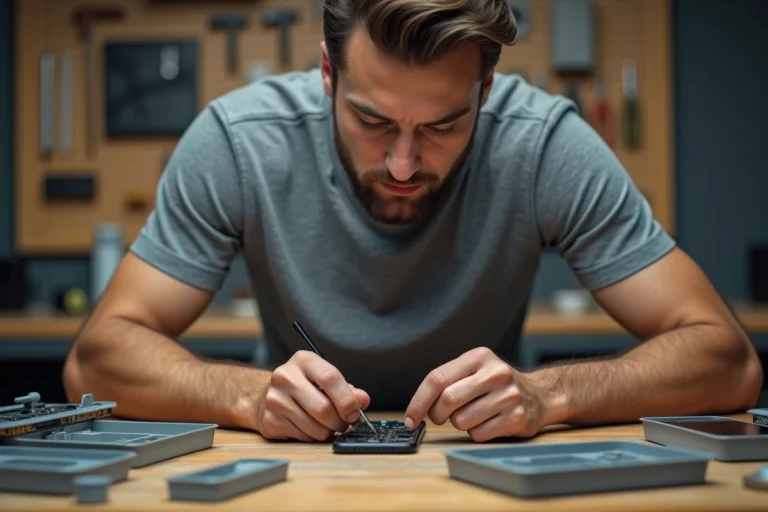 Homme réparant un smartphone avec un tournevis de précision sur un établi d'atelier DIY rempli d'outils et pièces détachées
