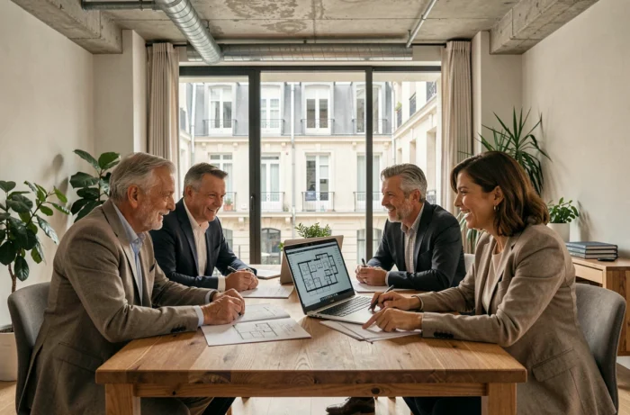 Copropriétaires réunis autour d'une table pour planifier une rénovation collective en copropriété avec des documents techniques