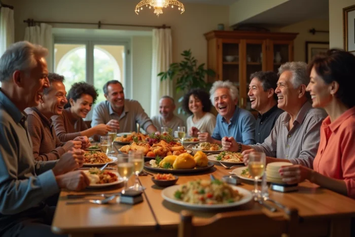 Réunion de famille multigénérationnelle latino-américaine et afro-américaine autour d'un repas convivial, symbolisant les racines familiales et culturelles métissées