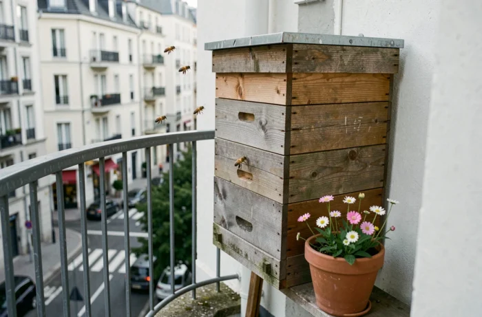 Ruche en bois installée sur un balcon urbain avec des abeilles volant à l'entrée et une vue sur la rue en arrière-plan