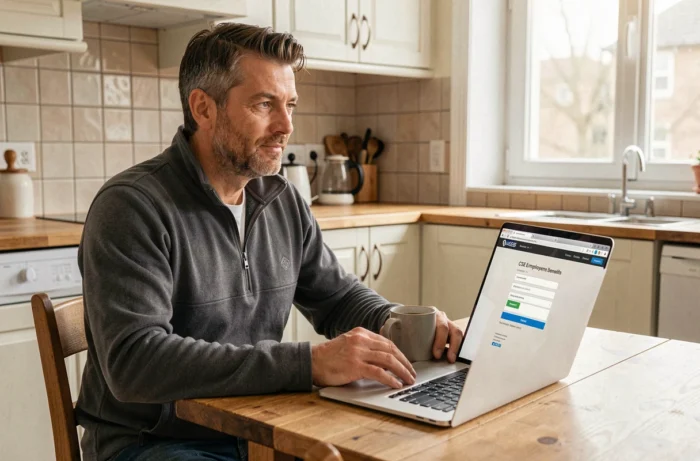 Salarié Chronopost se connectant au CSE en ligne depuis son domicile avec un ordinateur portable