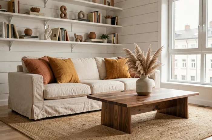 Salon scandinave moderne avec canapé en lin crème, coussins terracotta et vase en céramique sur table basse en noyer, décoration intérieure 2024