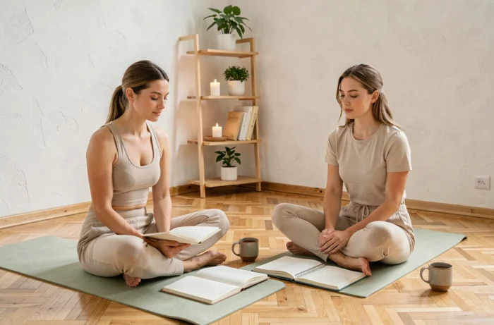 Deux femmes en séance de journaling et bien-être dans un studio minimaliste, activités loisirs tendance pour améliorer le quotidien