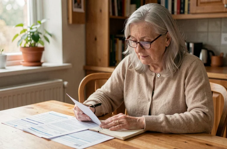 Une femme senior aux cheveux argentés compare des documents de mutuelle santé à sa table de cuisine