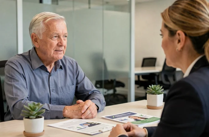 Un homme senior en consultation avec une conseillère en mutuelle santé dans un bureau professionnel