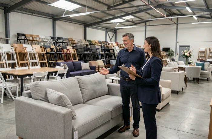 Showroom de location de mobilier événementiel à Lyon avec chaises et tables empilées
