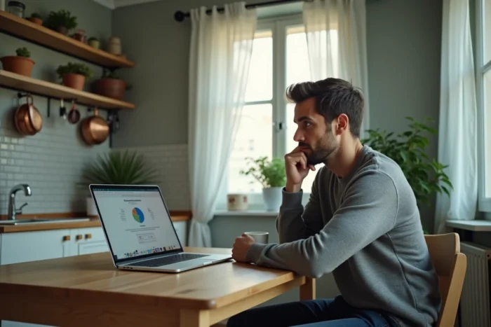 Homme consultant le site Pôle Emploi sur un ordinateur portable chez lui pour estimer ses allocations chômage après un salaire net de 3000 euros