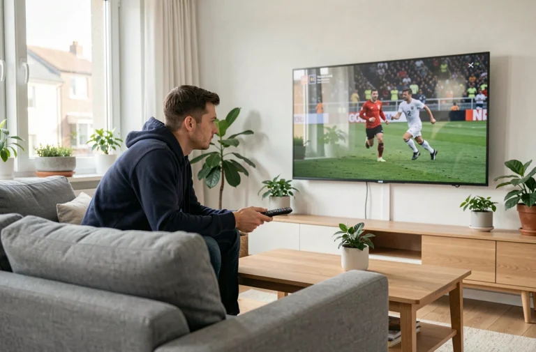 Homme regardant un match de sport en direct sur sa télévision connectée depuis son salon moderne