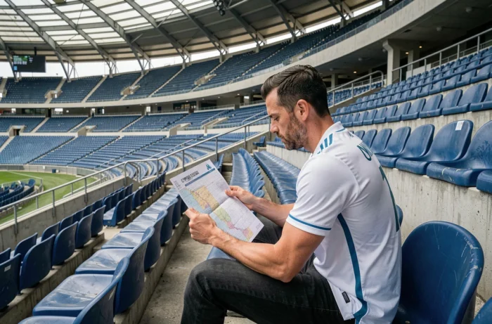 Supporter de l'OM étudiant un plan de placement assis dans les tribunes du Stade Vélodrome