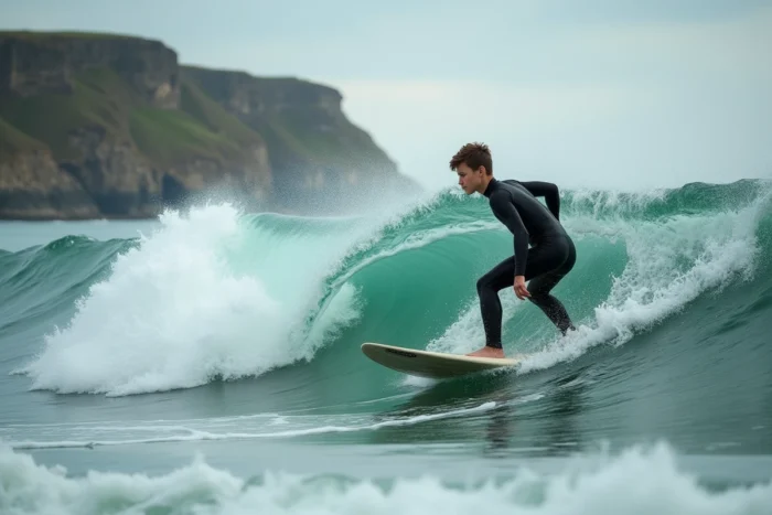 Adolescent en combinaison noire faisant du bodyboard sur une vague de la baie des Trépassés en Finistère, avec les falaises bretonnes en arrière-plan