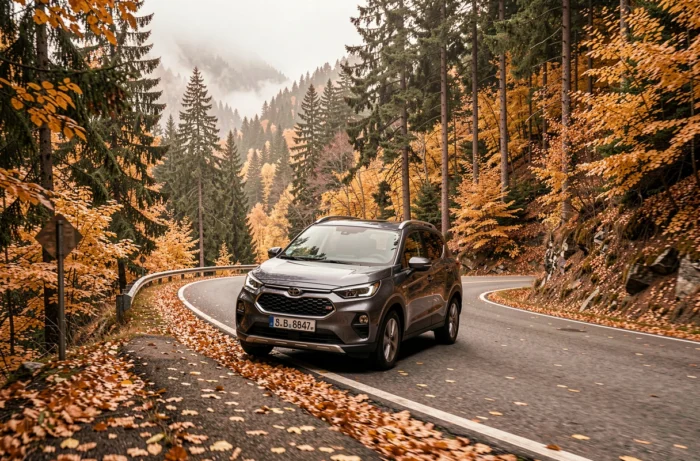 SUV hybride compact en conduite sur une route de montagne sinueuse entourée de forêts automnales aux tons dorés