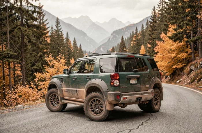 SUV tout-terrain robuste garé sur une route de montagne entourée de forêt automnale, design aventurier et pneus tous terrains