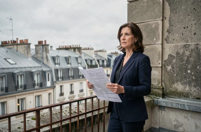 Syndic de copropriété sur un toit parisien tenant un manuel de rénovation pour la gestion des travaux collectifs en immeuble