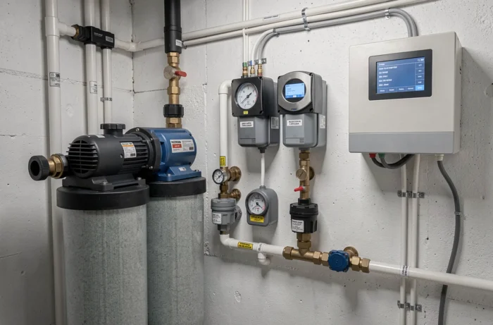 Système de filtration piscine à faible consommation avec pompe à vitesse variable et tableau d'automatisation dans un local technique