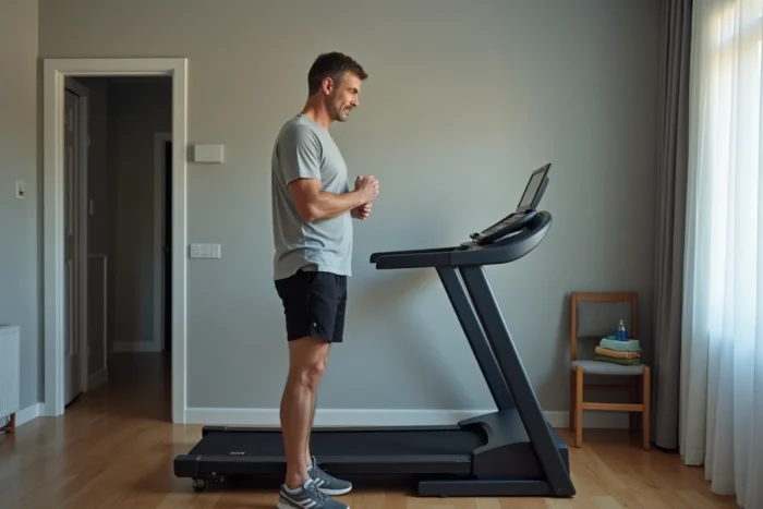 Homme inspectant un tapis de course ISE SY-1005 replié dans un espace de vie compact aménagé en salle de sport