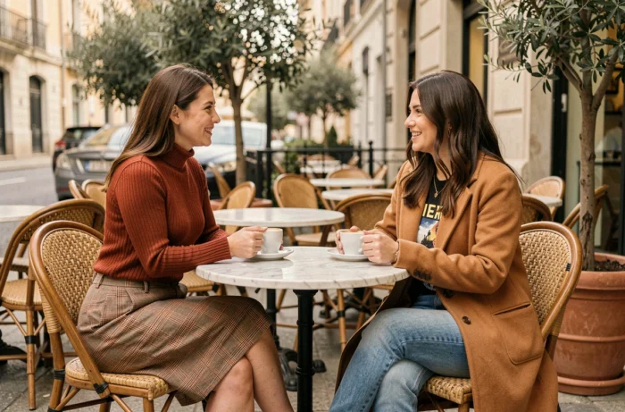 Deux femmes en tenues de mode automnales tendance discutant en terrasse de café urbain chic