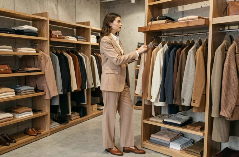 Femme élégante en blazer beige oversize explorant les nouvelles collections dans une boutique de mode parisienne contemporaine