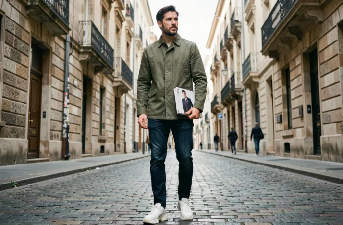 Homme en look street style tendance avec veste kaki et sneakers blanches dans une rue pavée européenne