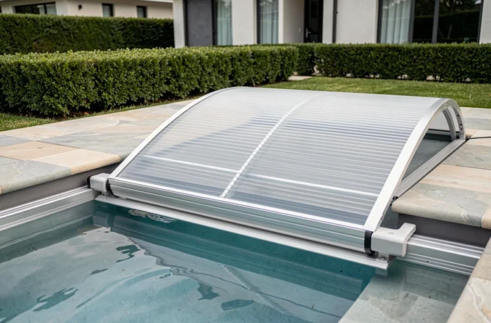 Terrasse mobile coulissante de sécurité en lames polycarbonate partiellement ouverte sur une piscine résidentielle moderne